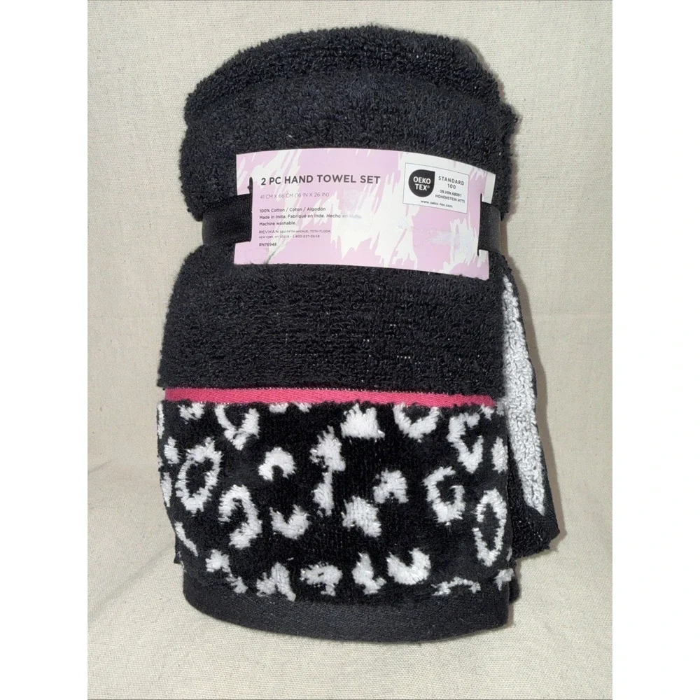 NEW Betsey Johnson 2 Pc Hand Towel Set Black Leopard 100% Cotton Qty Discount